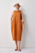100 Linen Sleeveless Midi Dress With Back Slit
