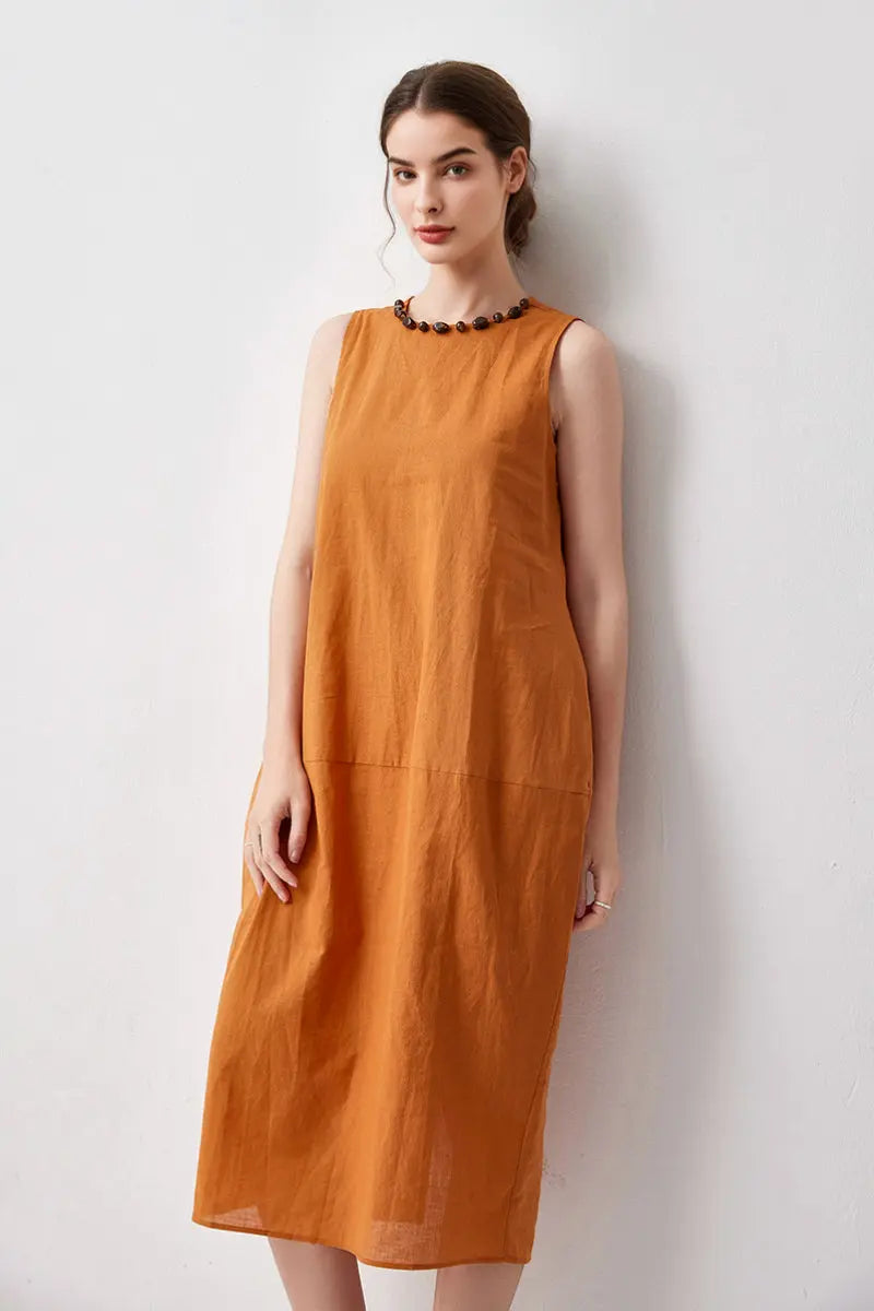 100 Linen Sleeveless Midi Dress With Back Slit