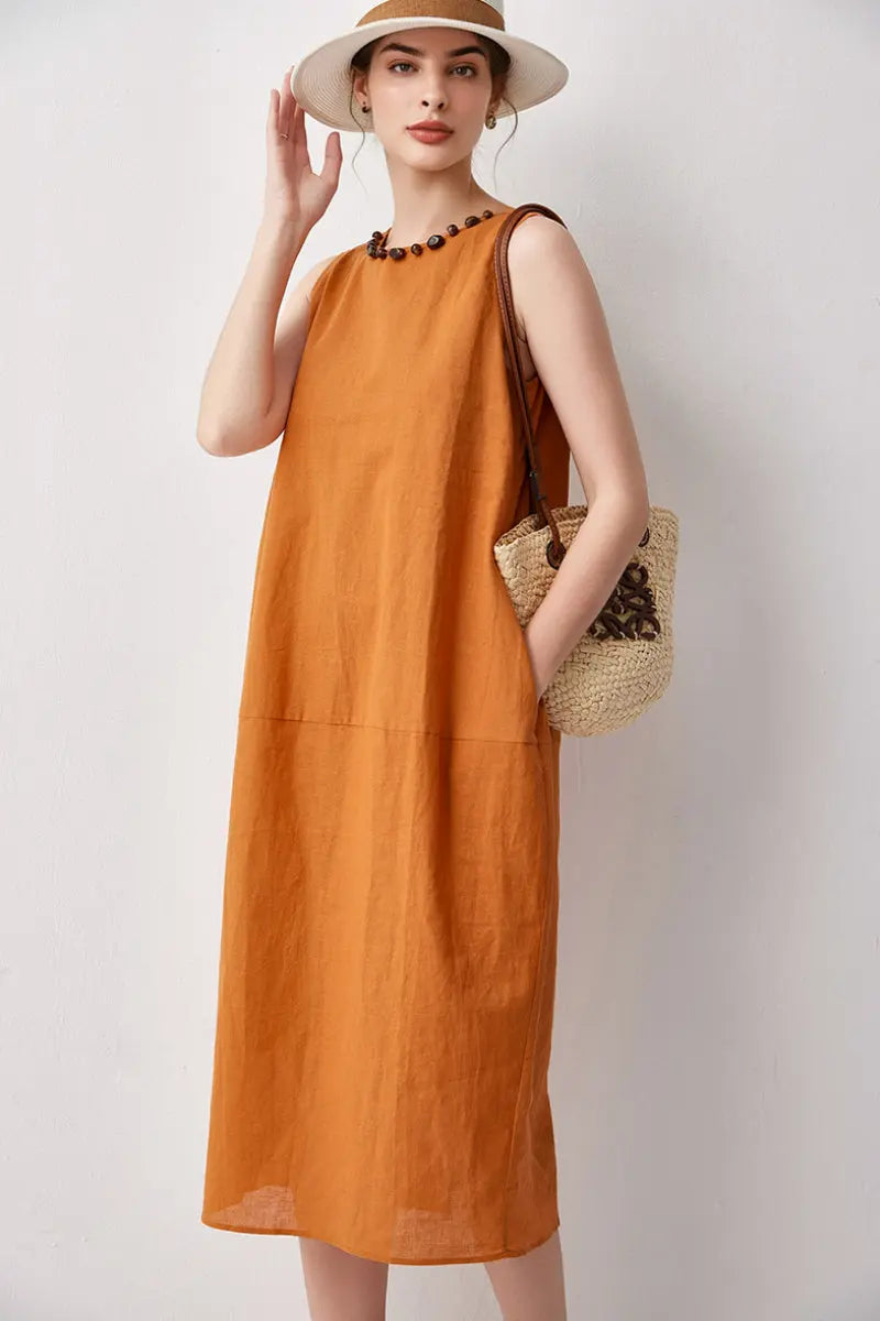 100 Linen Sleeveless Midi Dress With Back Slit