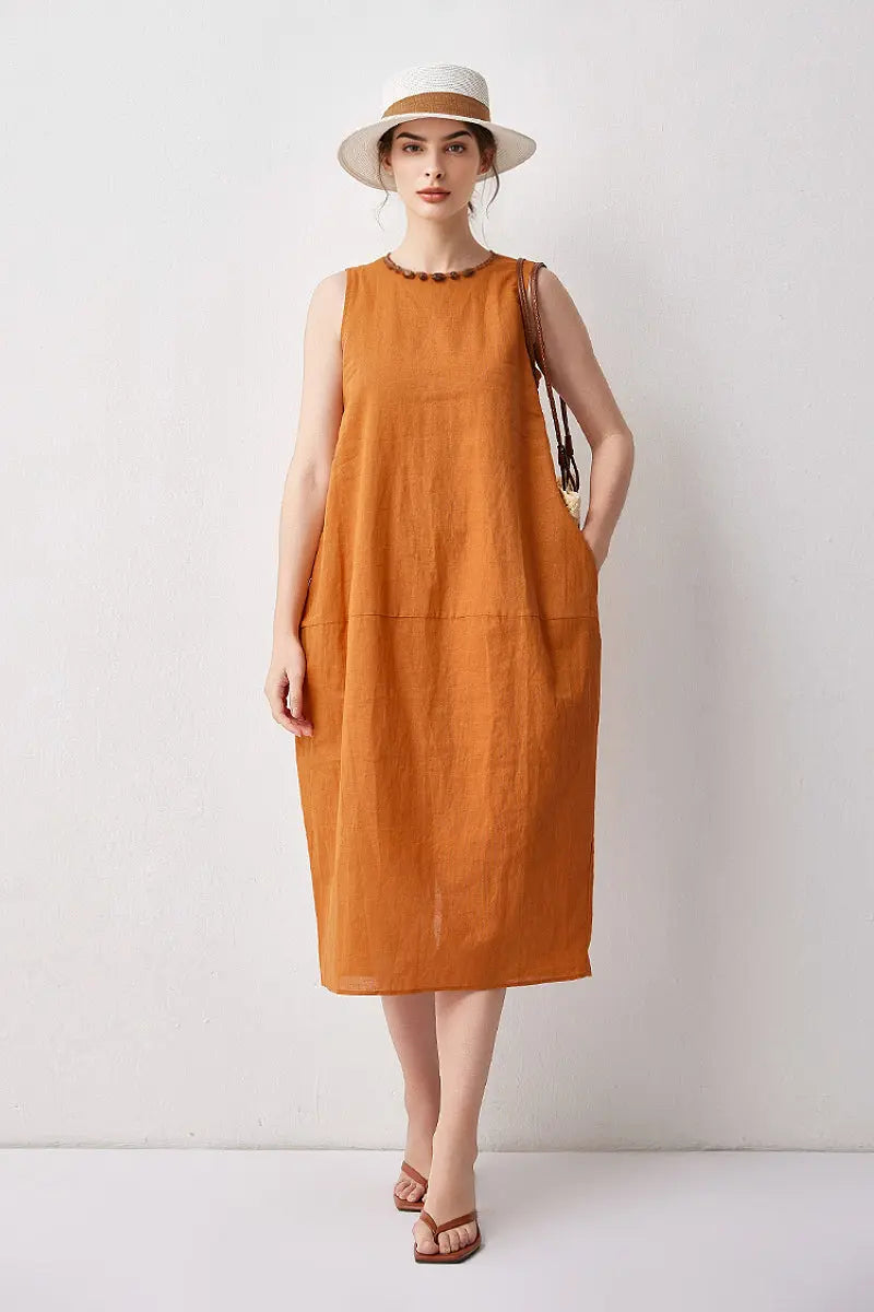 100 Linen Sleeveless Midi Dress With Back Slit