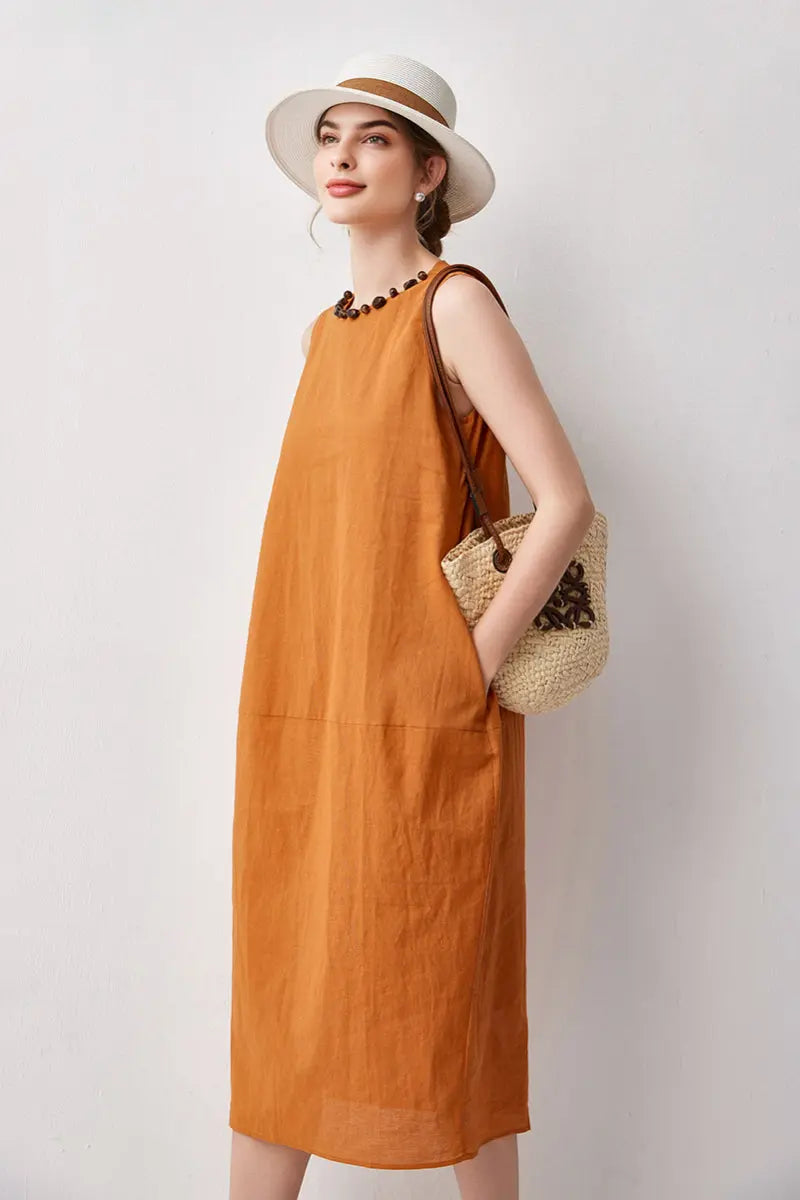 100 Linen Sleeveless Midi Dress With Back Slit