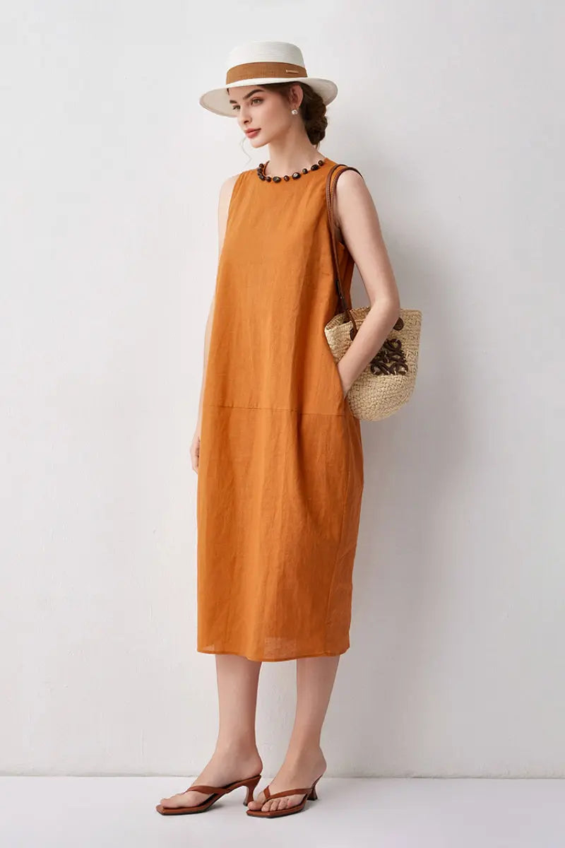 100 Linen Sleeveless Midi Dress With Back Slit