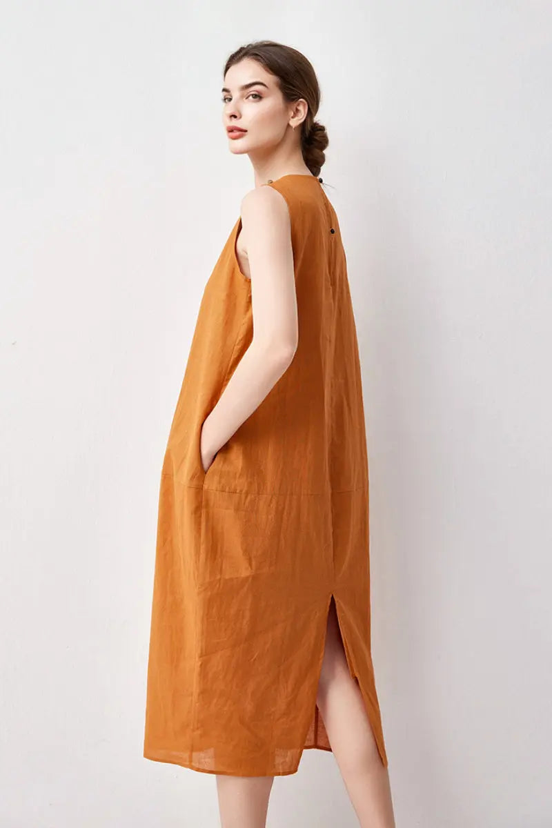 100 Linen Sleeveless Midi Dress With Back Slit