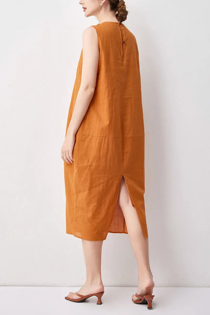 100 Linen Sleeveless Midi Dress With Back Slit