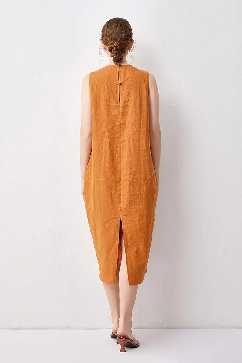 100 Linen Sleeveless Midi Dress With Back Slit