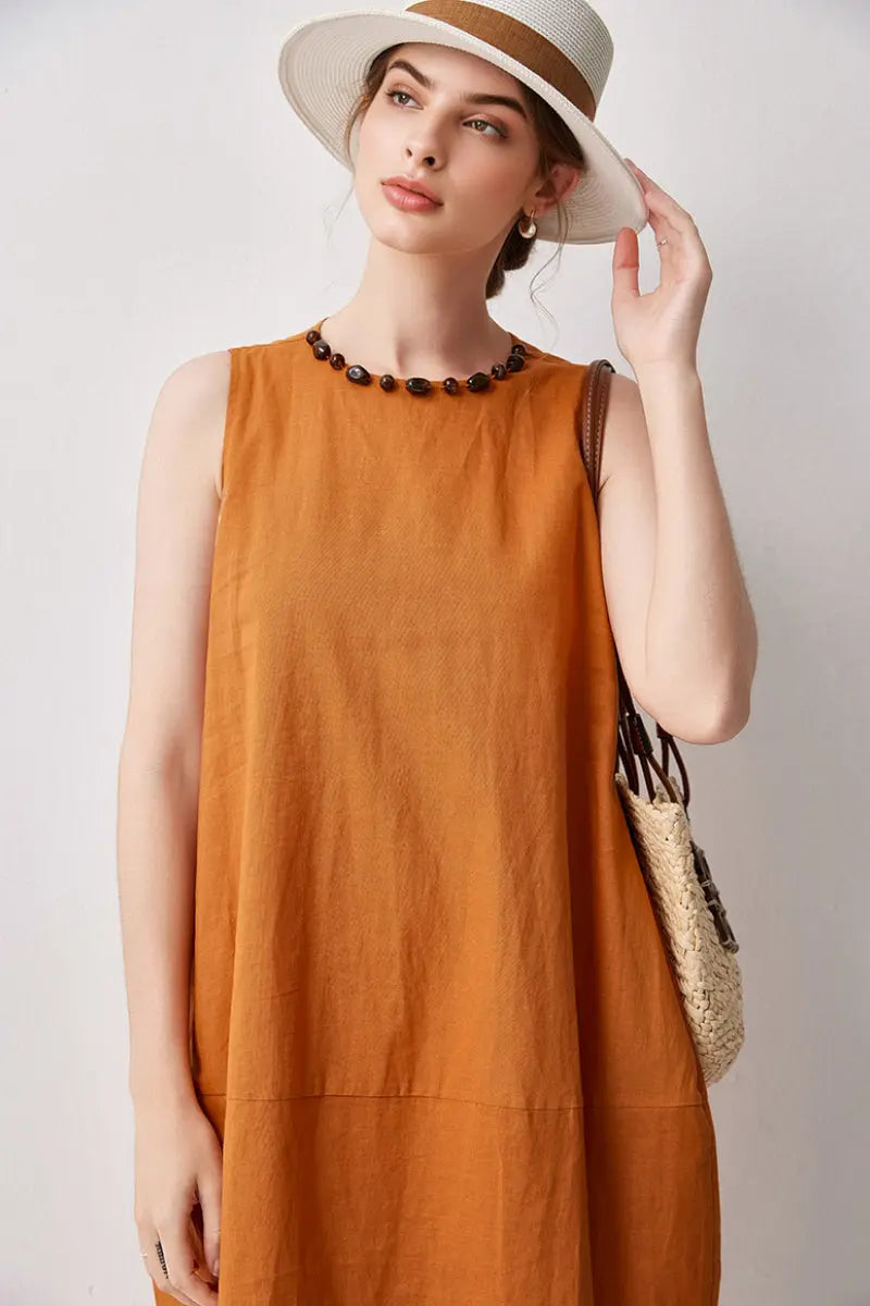 100 Linen Sleeveless Midi Dress With Back Slit