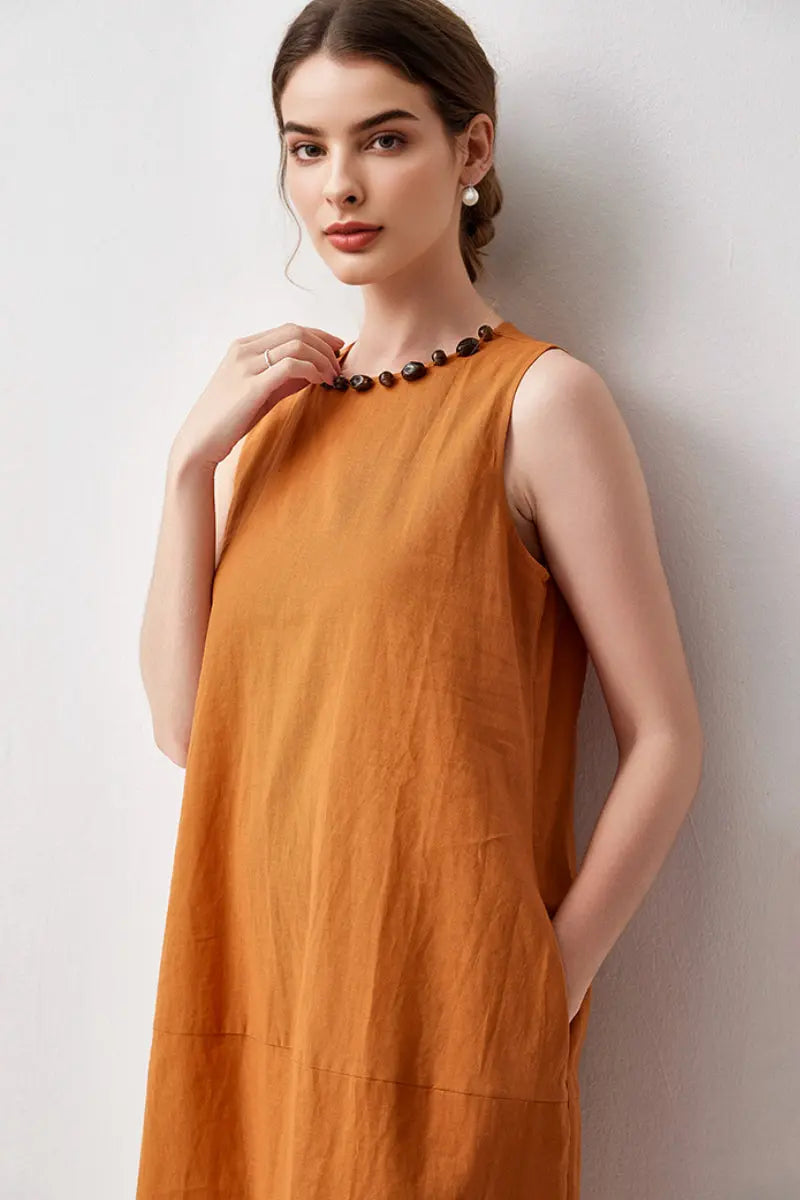 100 Linen Sleeveless Midi Dress With Back Slit