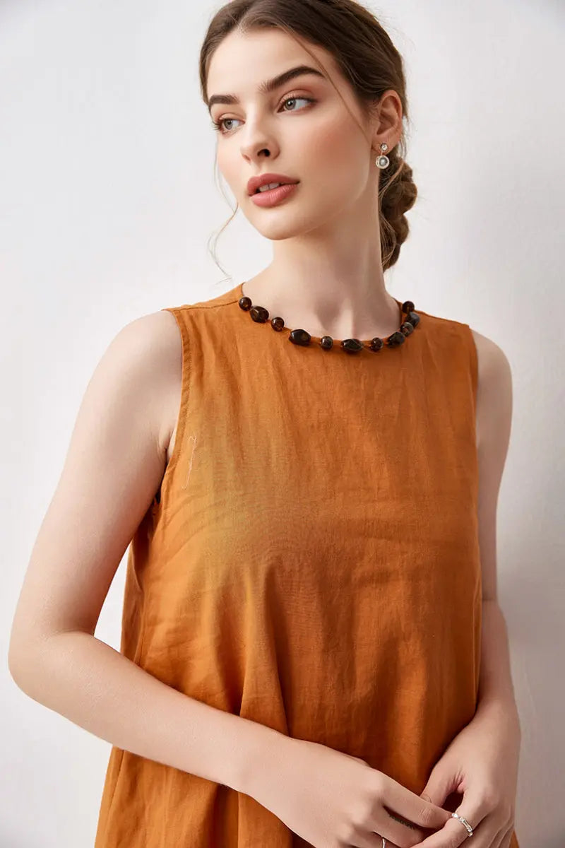 100 Linen Sleeveless Midi Dress With Back Slit