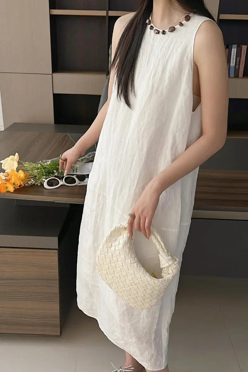 100 Linen Sleeveless Midi Dress With Back Slit