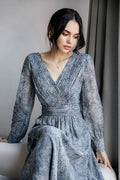 100 Mulberry Silk Blue Long-Sleeve Hand Pleated Midi Dress