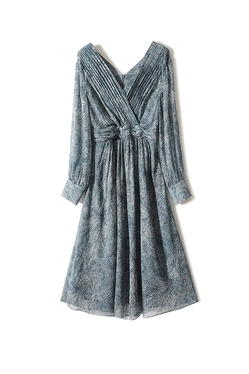100 Mulberry Silk Blue Long-Sleeve Hand Pleated Midi Dress