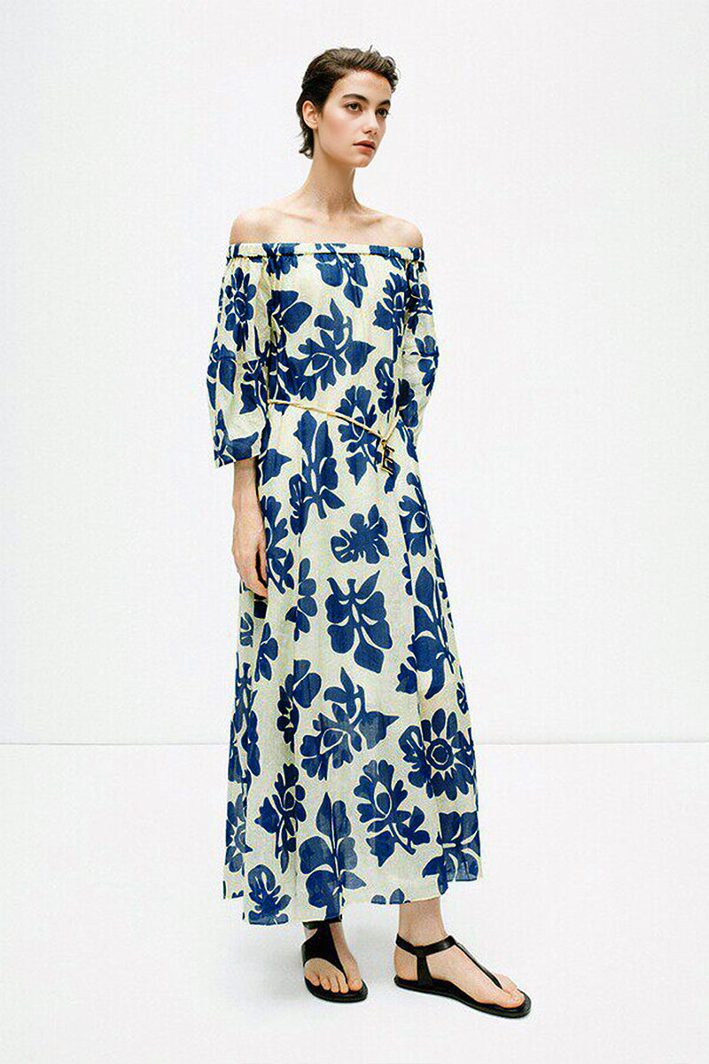 100% Linen Floral Fit & Flare Midi Dress with Pockets