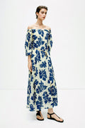 100% Linen Floral Fit & Flare Midi Dress with Pockets