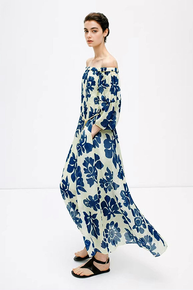 100% Linen Floral Fit & Flare Midi Dress with Pockets