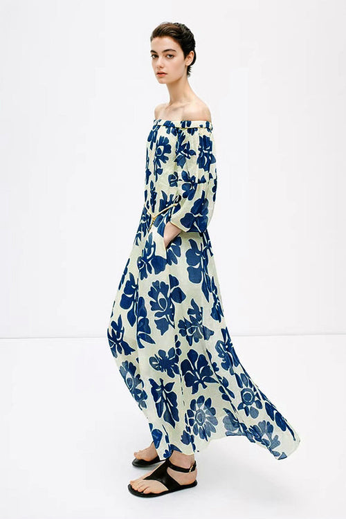 100% Linen Floral Fit & Flare Midi Dress with Pockets
