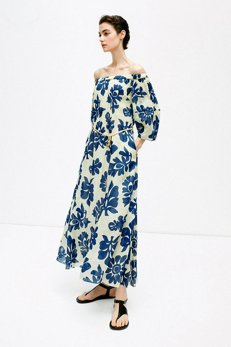 100% Linen Floral Fit & Flare Midi Dress with Pockets