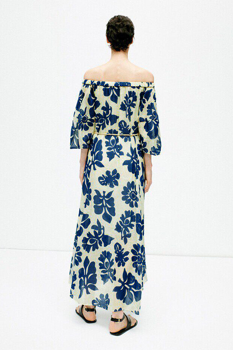100% Linen Floral Fit & Flare Midi Dress with Pockets