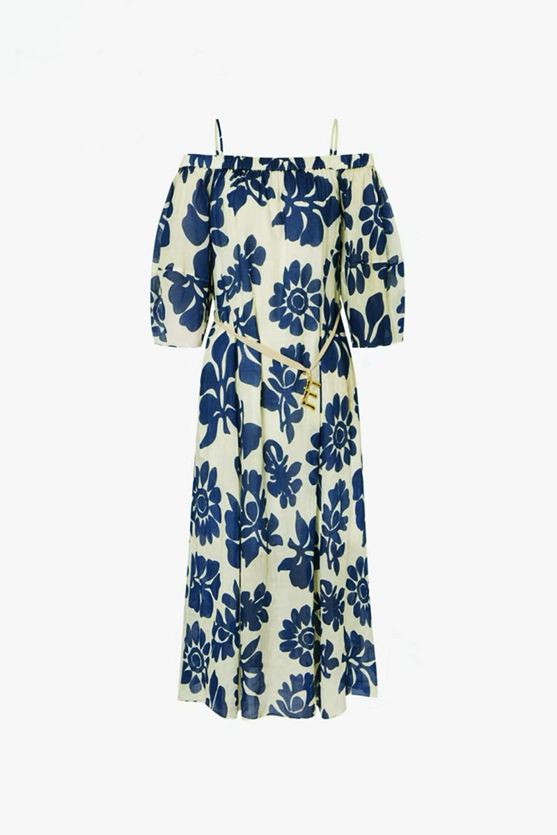 100% Linen Floral Fit & Flare Midi Dress with Pockets