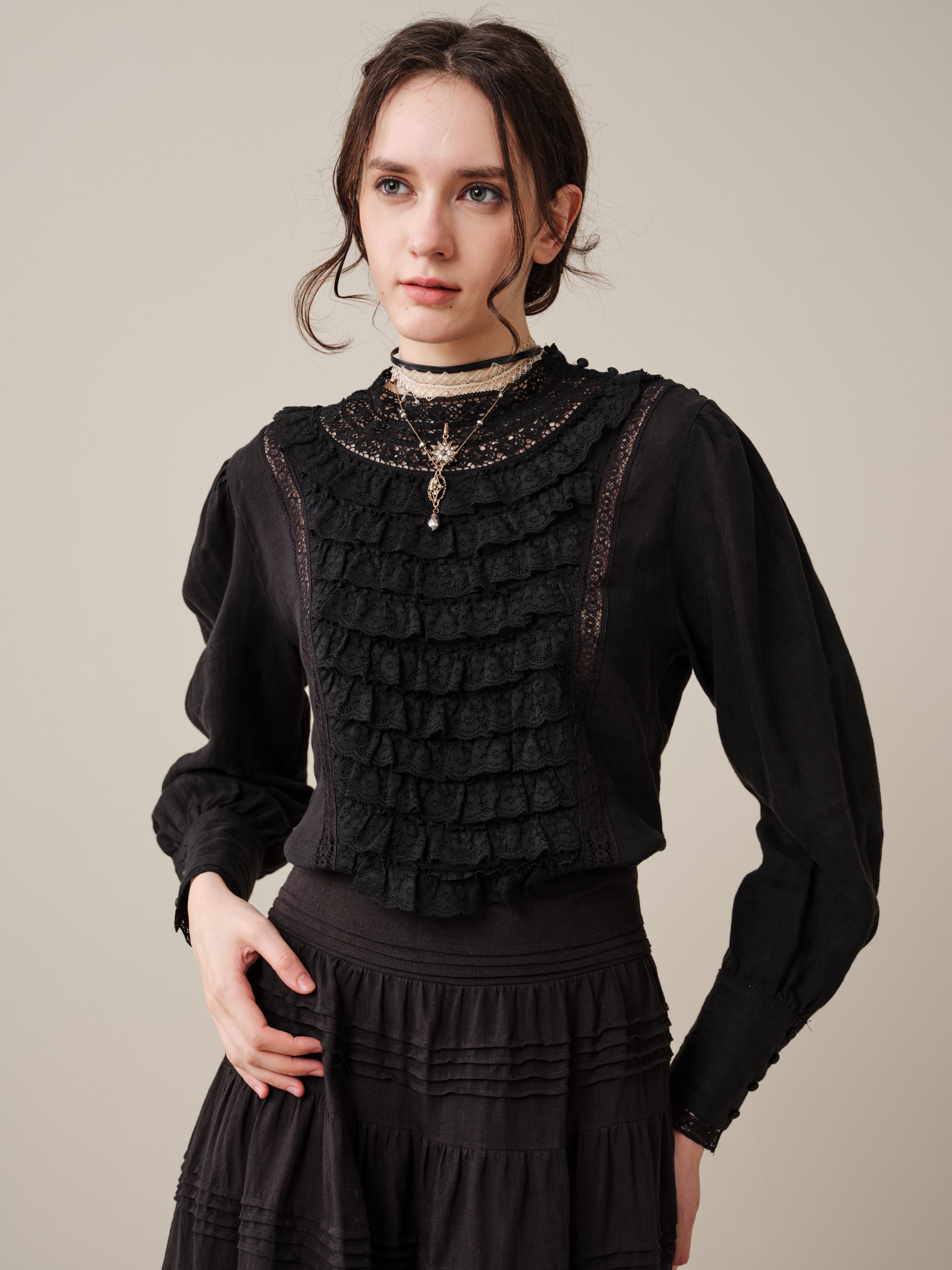Stella 06 | Ruffled High-Neck Linen Blouse