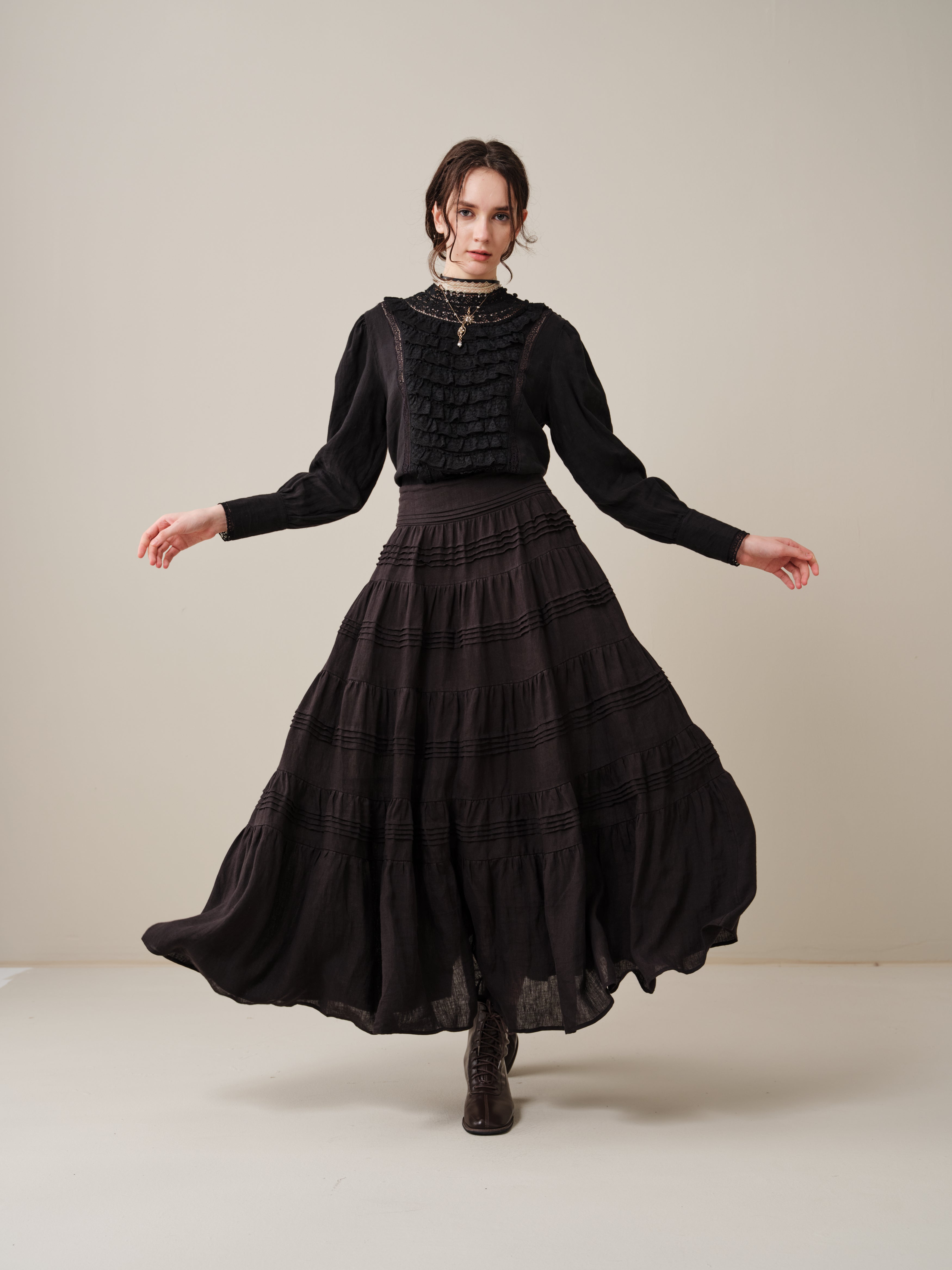 Stella 06 | Ruffled High-Neck Linen Blouse