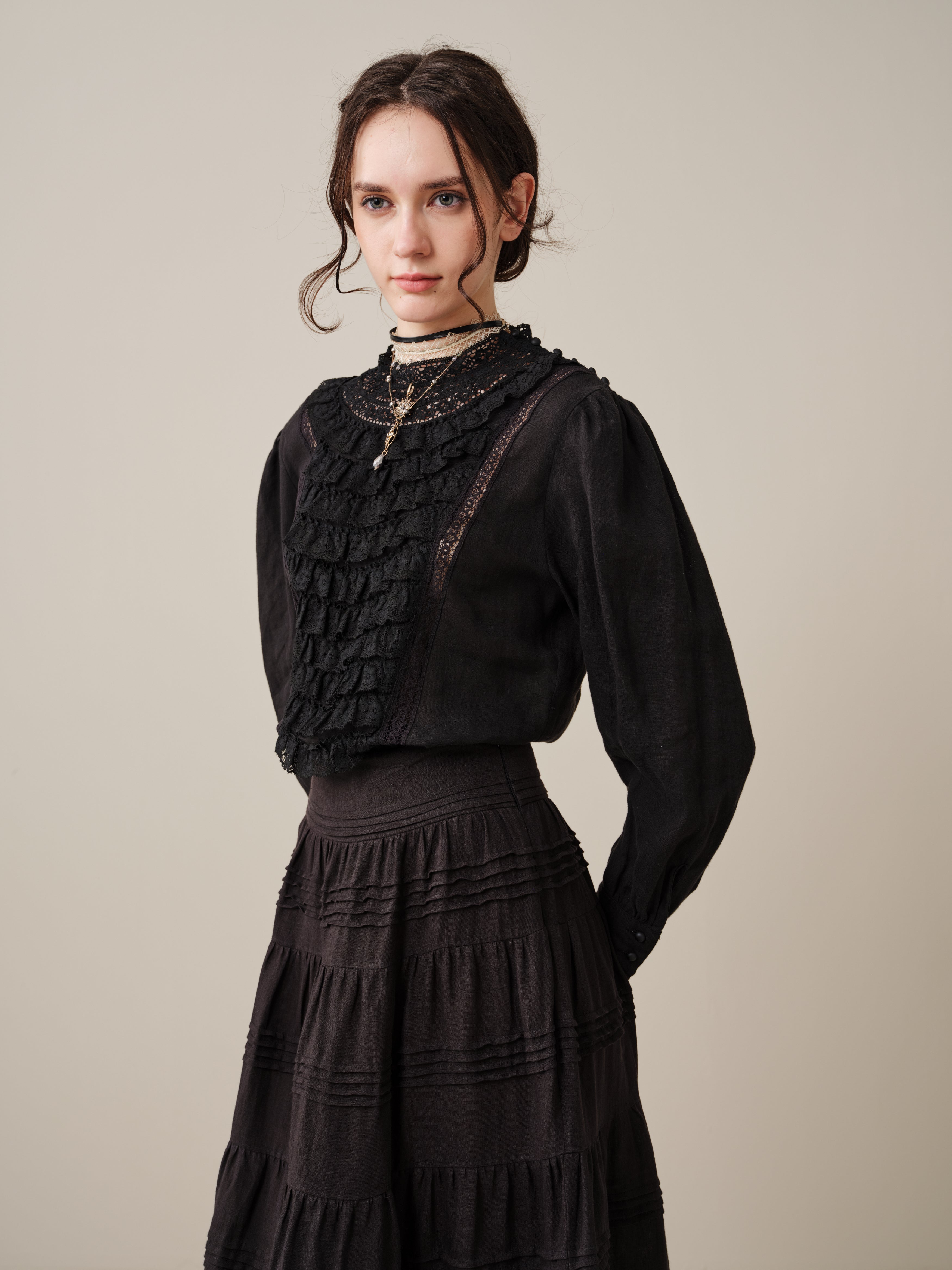 Stella 06 | Ruffled High-Neck Linen Blouse