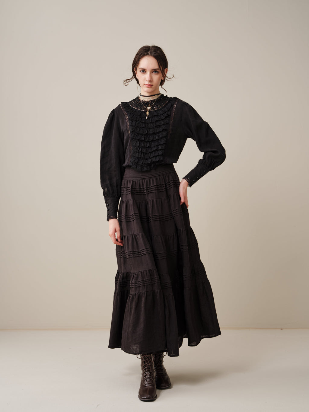 Stella 06 | Ruffled High-Neck Linen Blouse