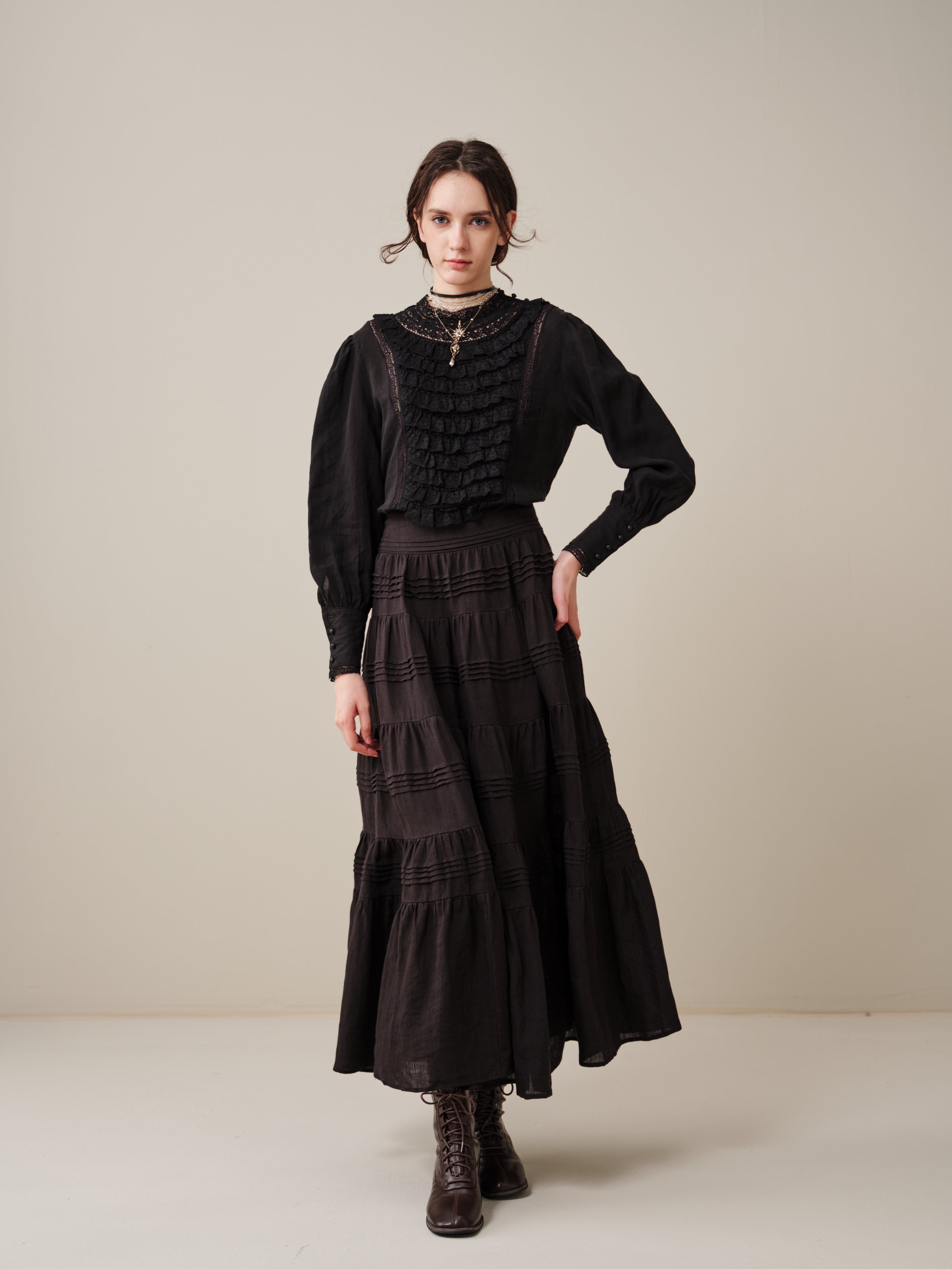 Stella 06 | Ruffled High-Neck Linen Blouse