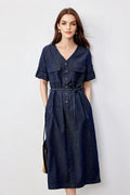 Denim Short-Sleeve V-Neck Midi Shirt Dress