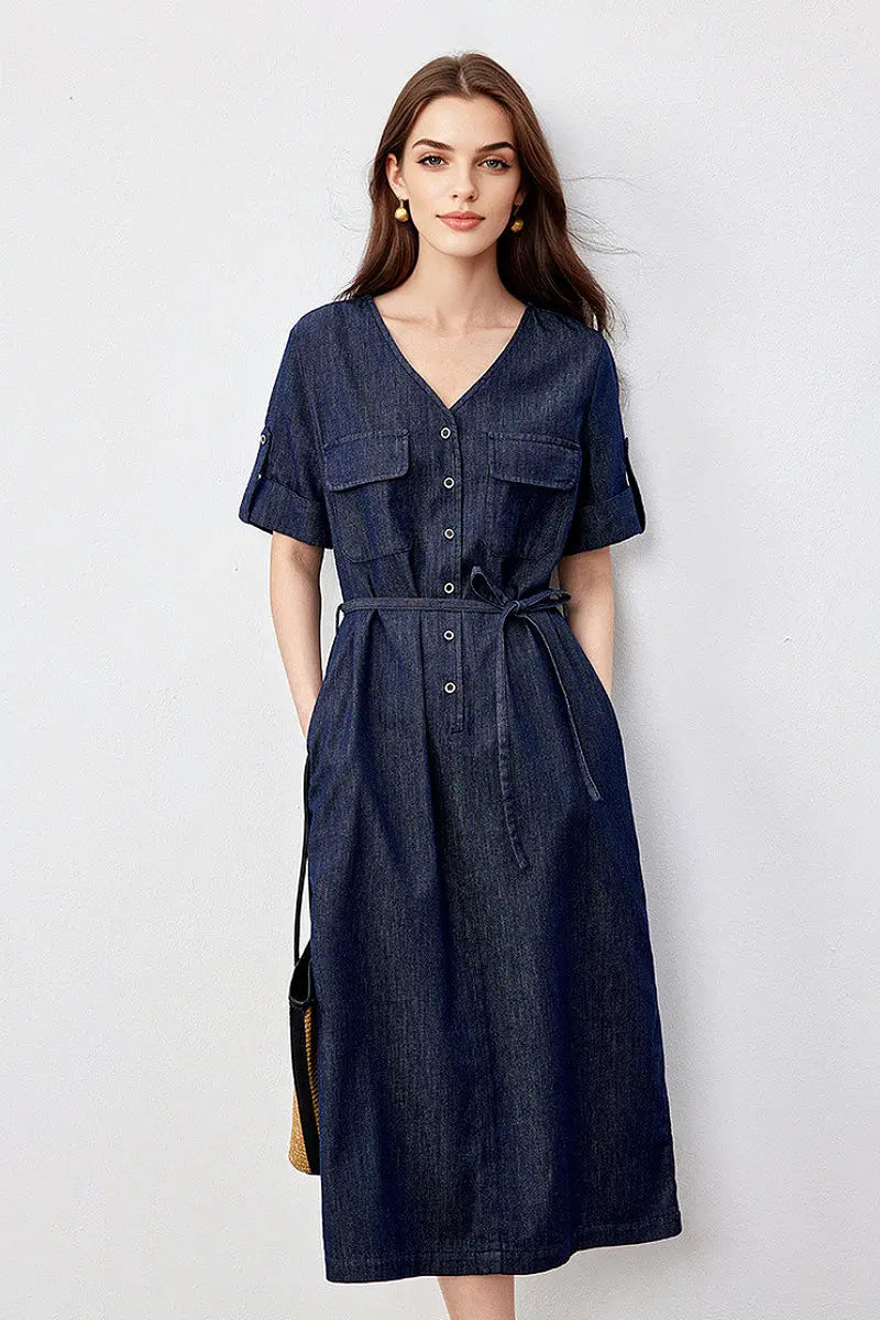 Denim Short-Sleeve V-Neck Midi Shirt Dress