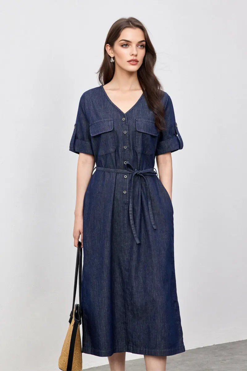 Denim Short-Sleeve V-Neck Midi Shirt Dress