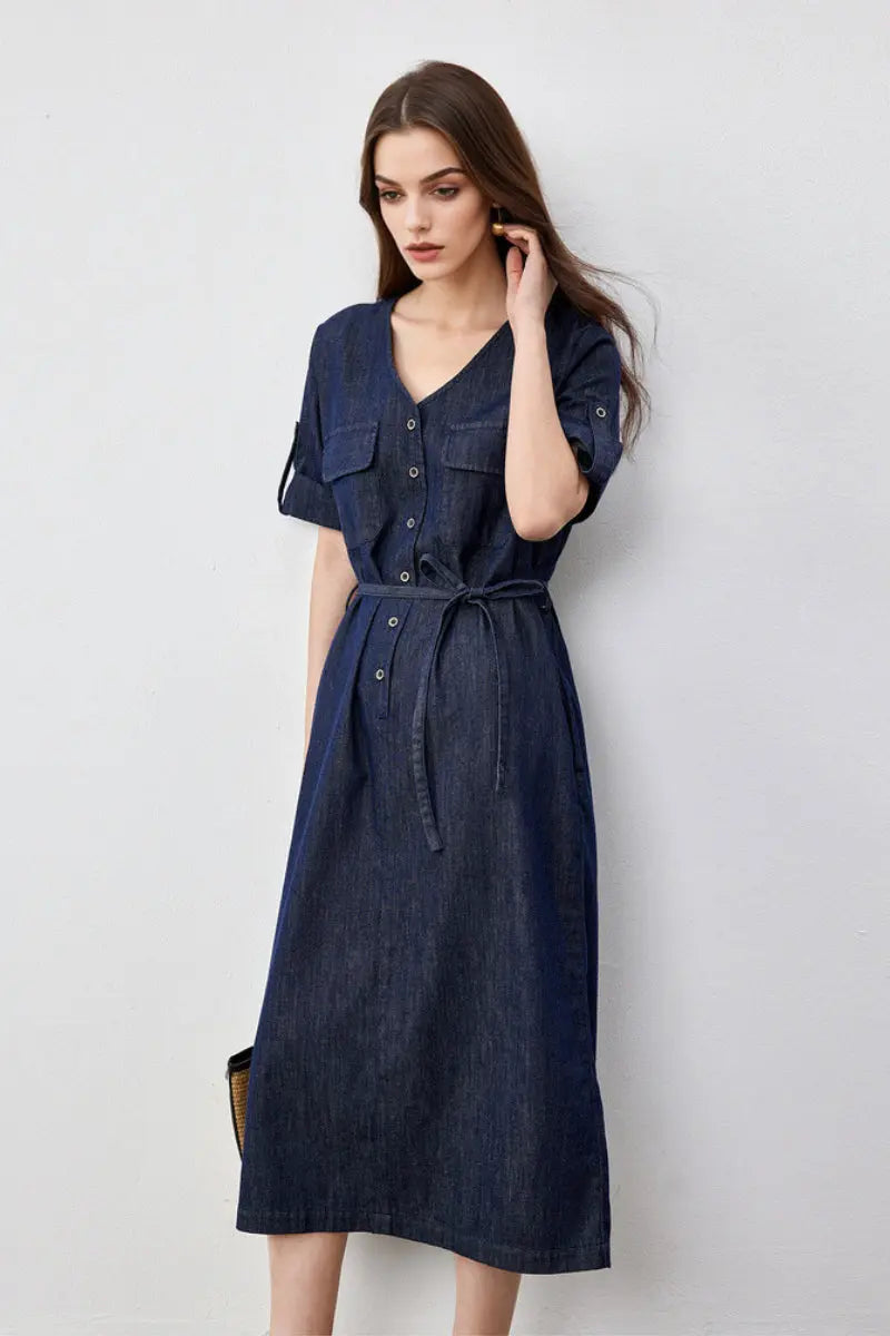 Denim Short-Sleeve V-Neck Midi Shirt Dress