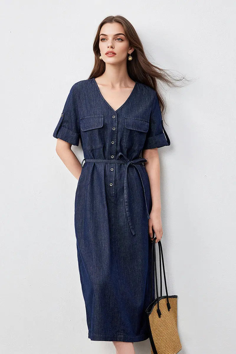 Denim Short-Sleeve V-Neck Midi Shirt Dress
