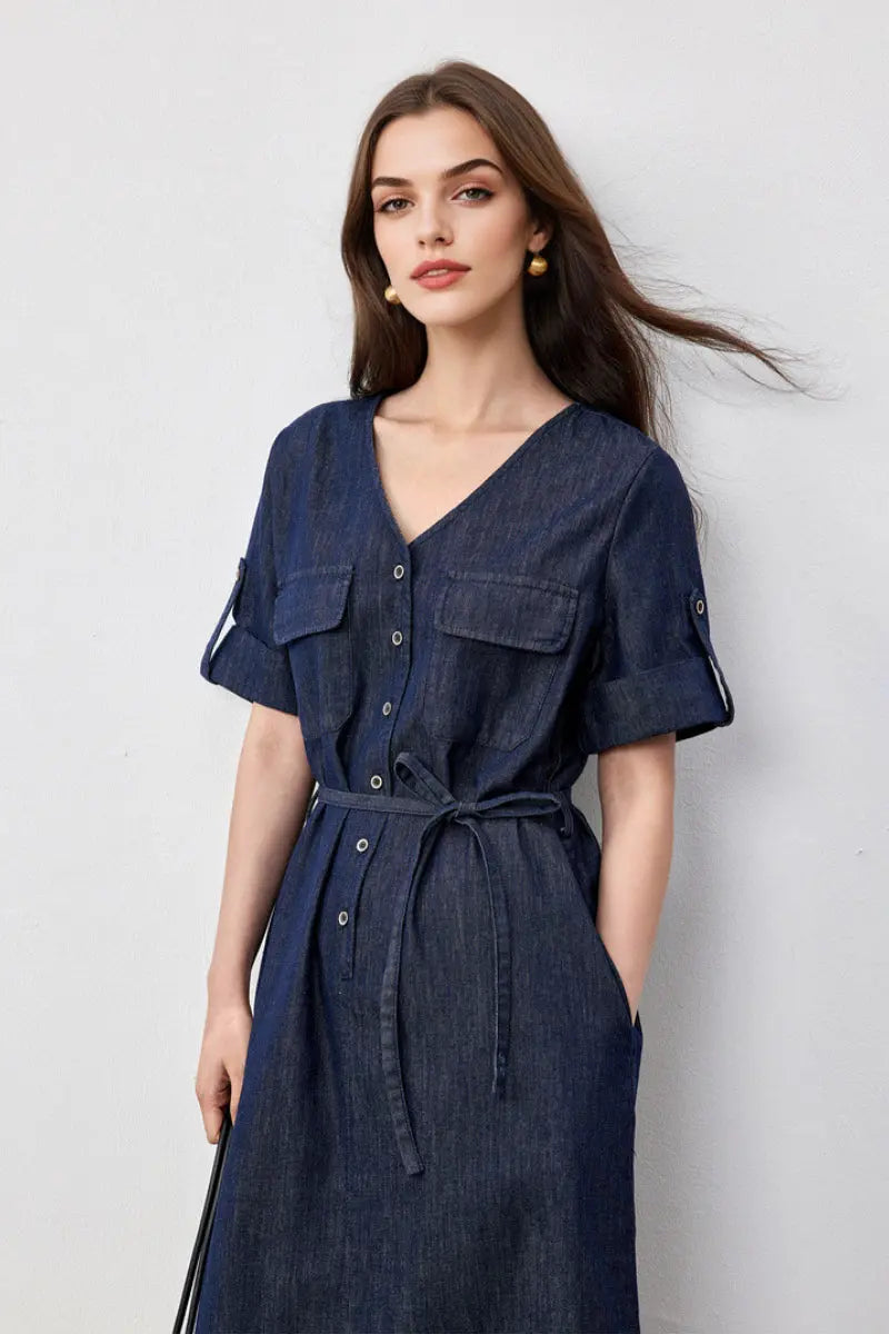 Denim Short-Sleeve V-Neck Midi Shirt Dress