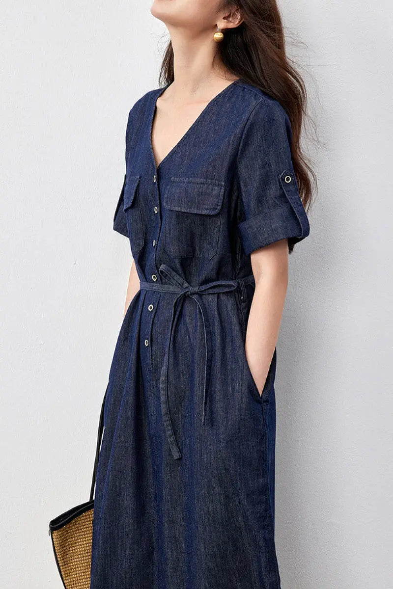 Denim Short-Sleeve V-Neck Midi Shirt Dress