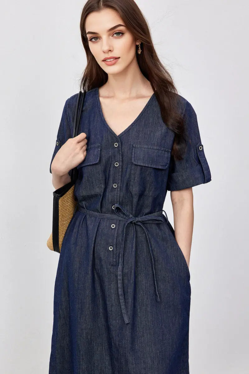 Denim Short-Sleeve V-Neck Midi Shirt Dress
