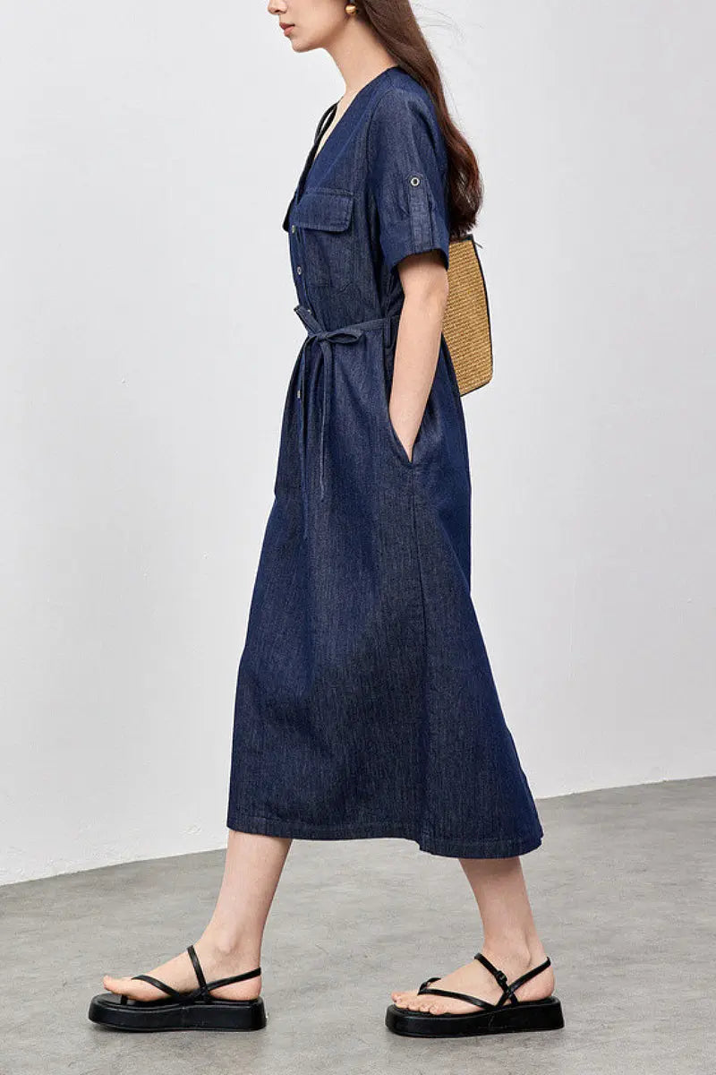 Denim Short-Sleeve V-Neck Midi Shirt Dress