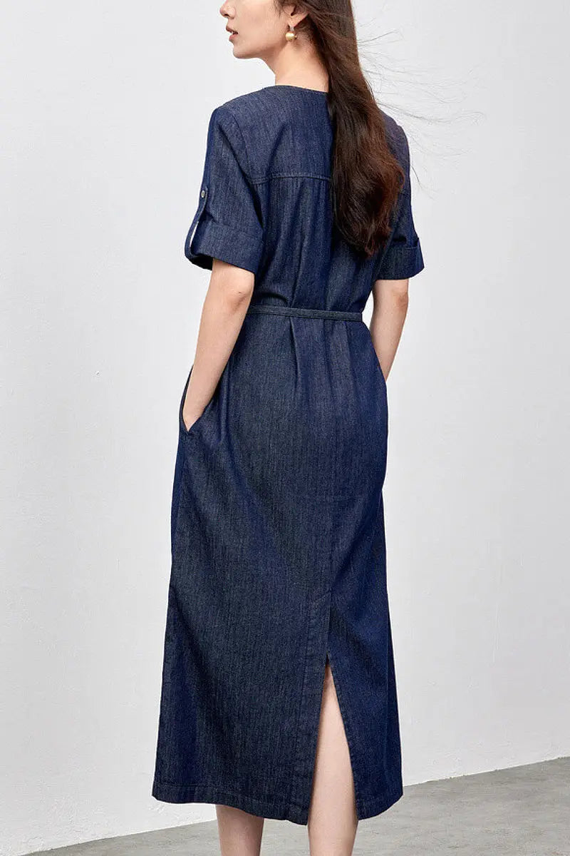 Denim Short-Sleeve V-Neck Midi Shirt Dress
