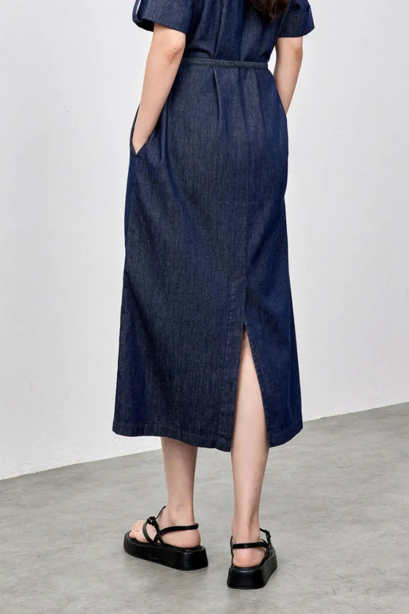 Denim Short-Sleeve V-Neck Midi Shirt Dress