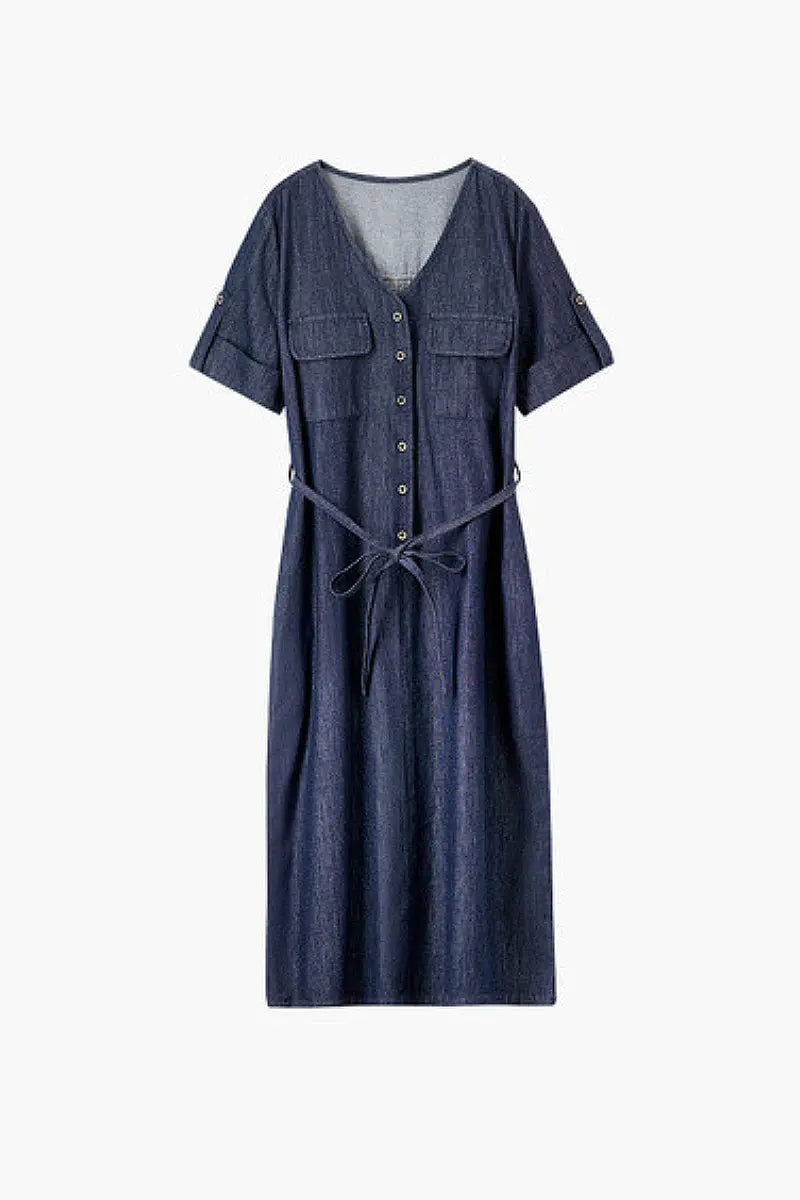 Denim Short-Sleeve V-Neck Midi Shirt Dress