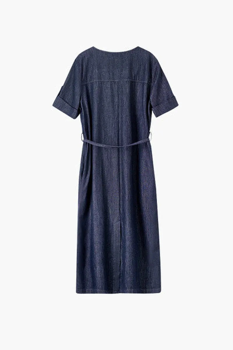Denim Short-Sleeve V-Neck Midi Shirt Dress