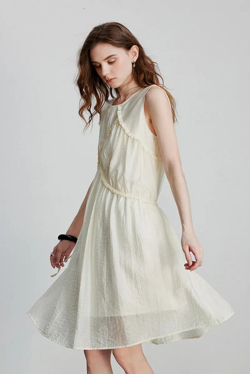 Ivory Lyocell Sleeveless Ruffle-Detail Midi Dress