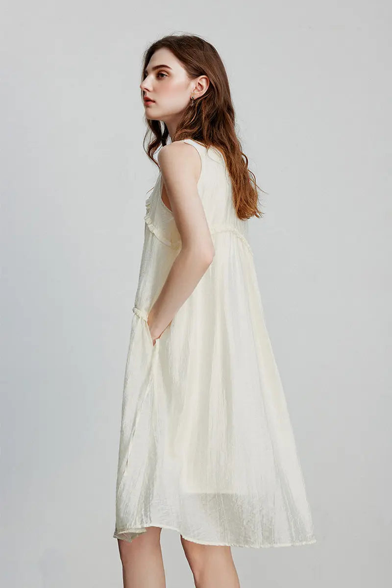 Ivory Lyocell Sleeveless Ruffle-Detail Midi Dress
