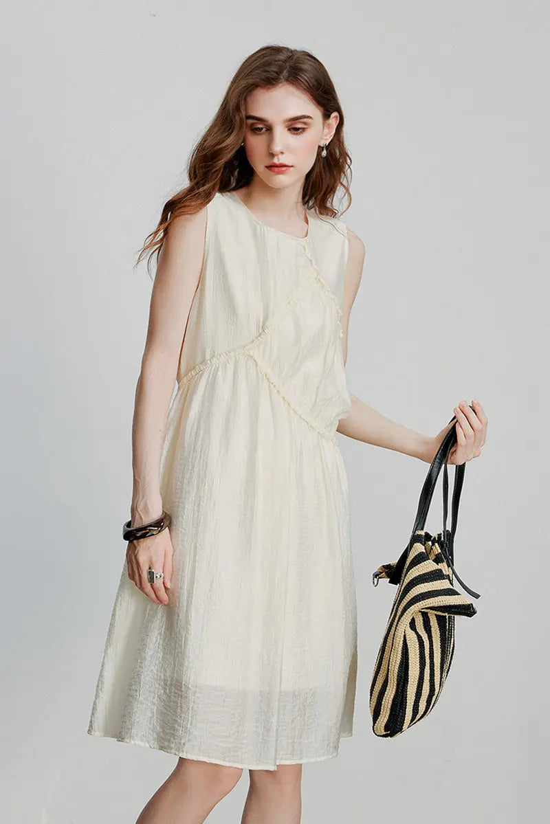 Ivory Lyocell Sleeveless Ruffle-Detail Midi Dress