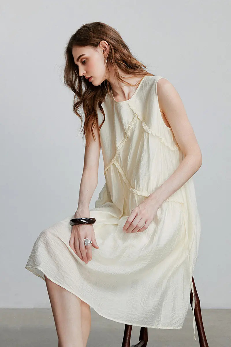 Ivory Lyocell Sleeveless Ruffle-Detail Midi Dress