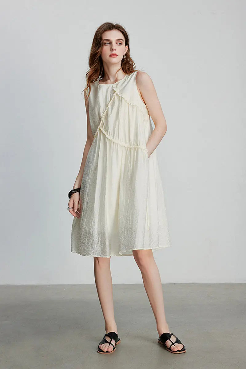 Ivory Lyocell Sleeveless Ruffle-Detail Midi Dress