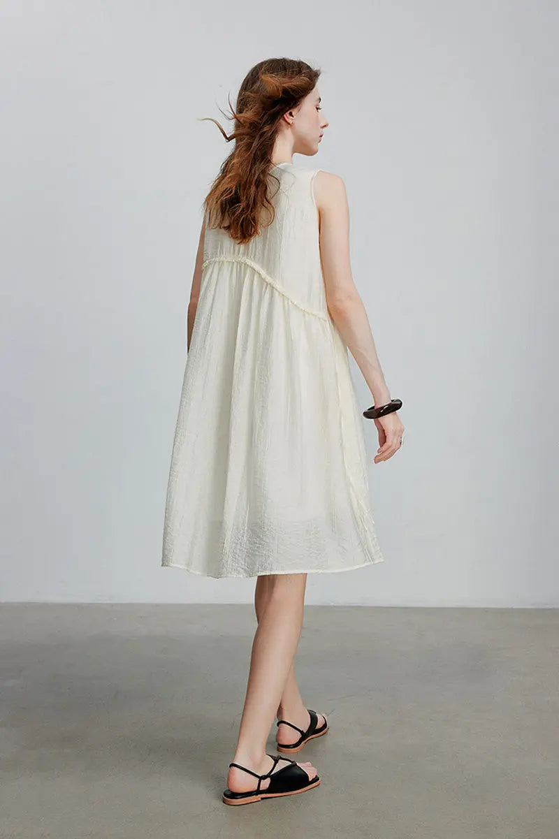 Ivory Lyocell Sleeveless Ruffle-Detail Midi Dress