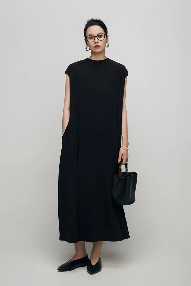Oversized Padded Shoulder Acetate Sleeveless Shirt Dress