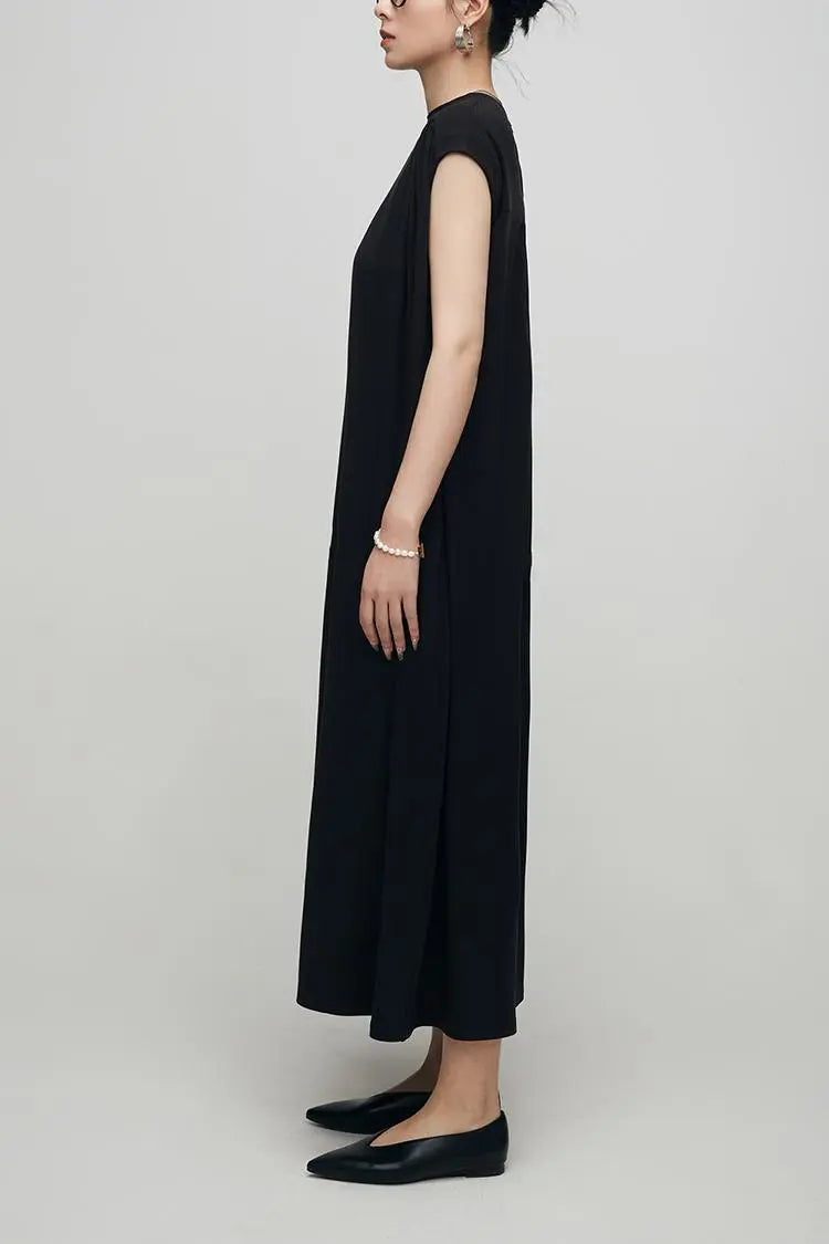 Oversized Padded Shoulder Acetate Sleeveless Shirt Dress