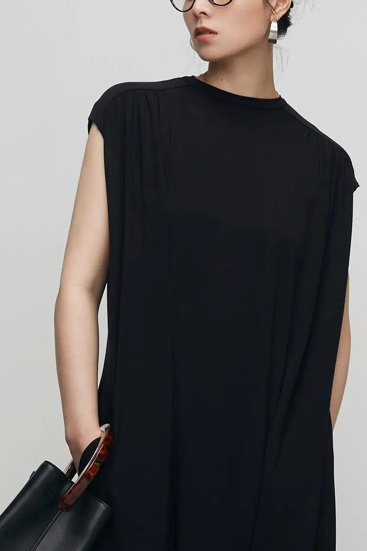 Oversized Padded Shoulder Acetate Sleeveless Shirt Dress