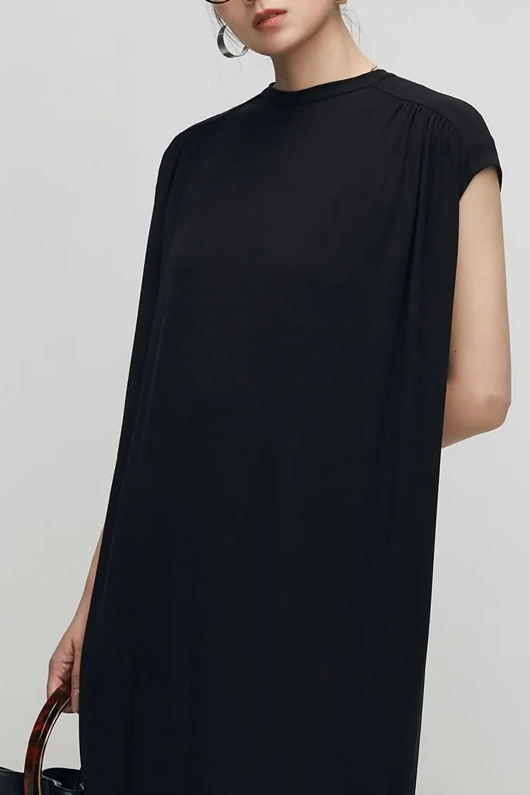 Oversized Padded Shoulder Acetate Sleeveless Shirt Dress